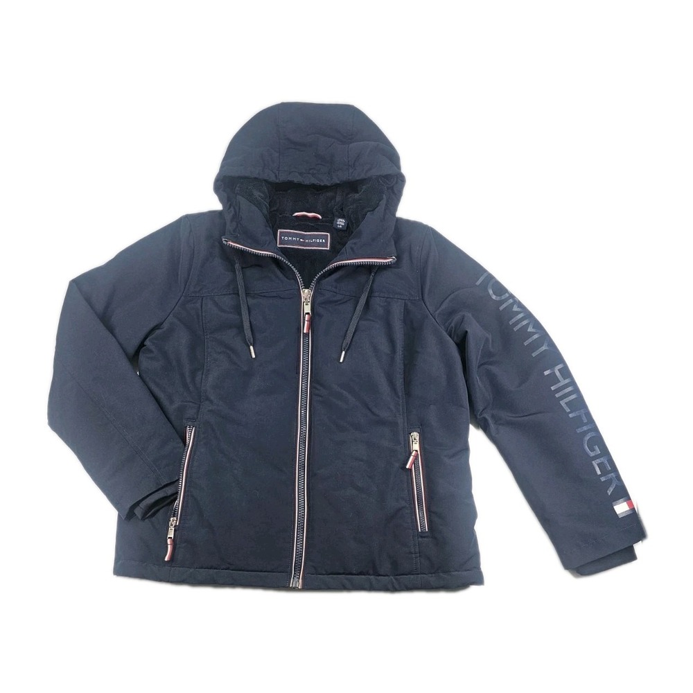 Tommy Hilfiger Womens Large Blue Coat Heavy Fleece Lined Jacket Zip Hood Logo